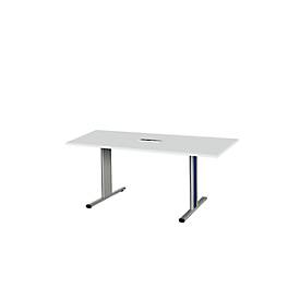 Schäfer Shop Select Vergadertafel Planova, rechthoekig incl. netbox, 1600 x 800 mm, lichtgrijs, accentlijst gentiaanblauw