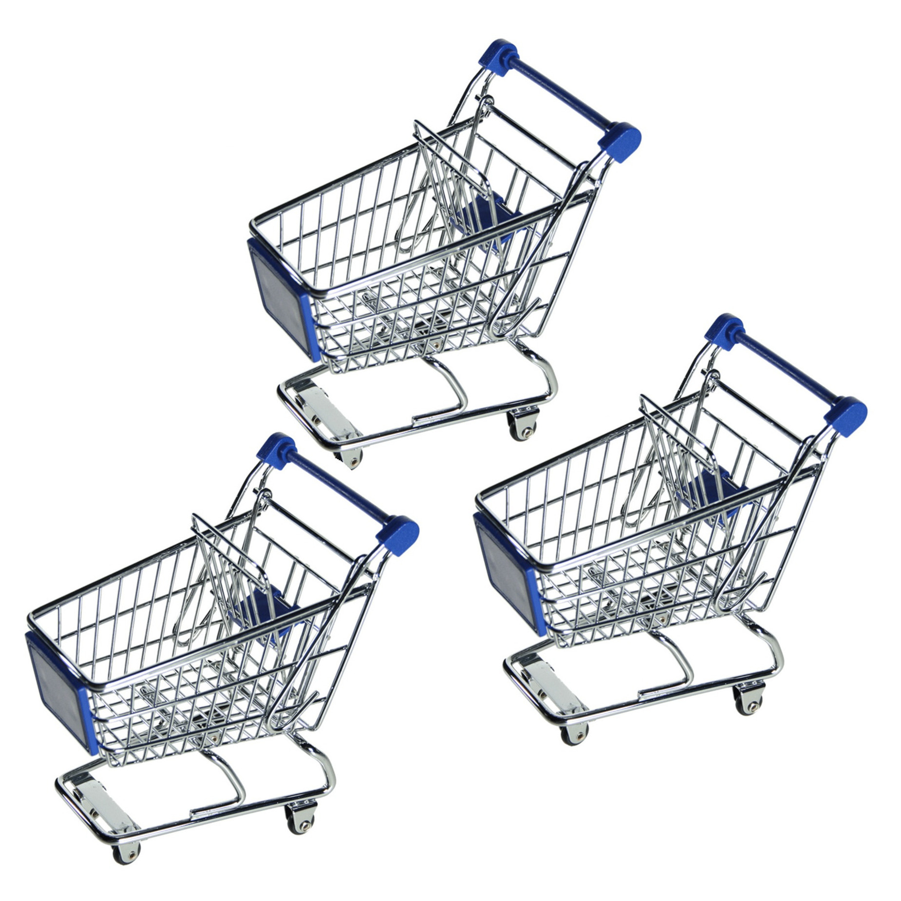 Merkloos Mini winkelwagentje van metaal - 3x - blauw/zilver - 14 x 14 cm - verrijdbaar - bureau accessoires -
