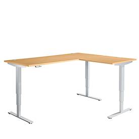Schäfer Shop Genius AERO FLEX hoekbureau, elektrisch in hoogte verstelbaar, hoek 90°, T-voet, B 2000 x D 1600 mm, beuken/blank aluminium + memorypaneel