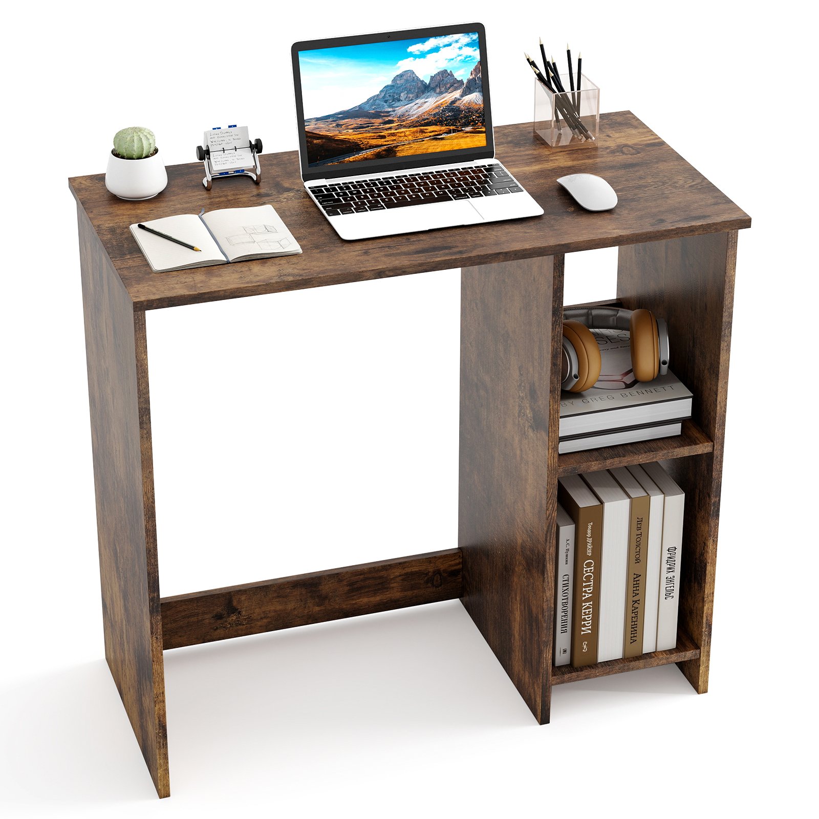 Costway Kleine Bureau met 2 Vakken Computerbureau Kantoortafel Pc-tafel 80 x 40 x 74 cm Bruin