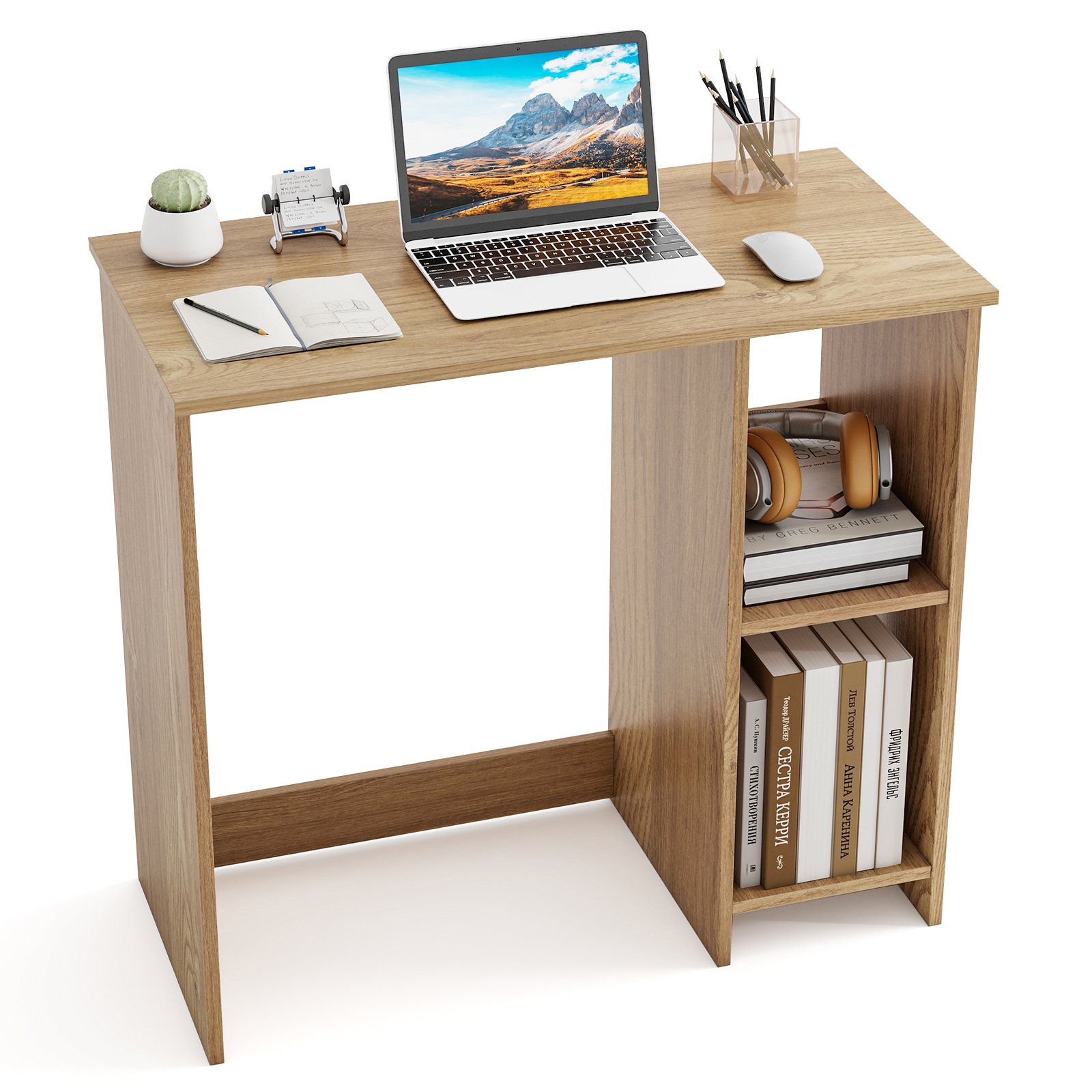 Costway Kleine Bureau met 2 Vakken Computerbureau Kantoortafel Pc-tafel 80 x 40 x 74 cm Natuur