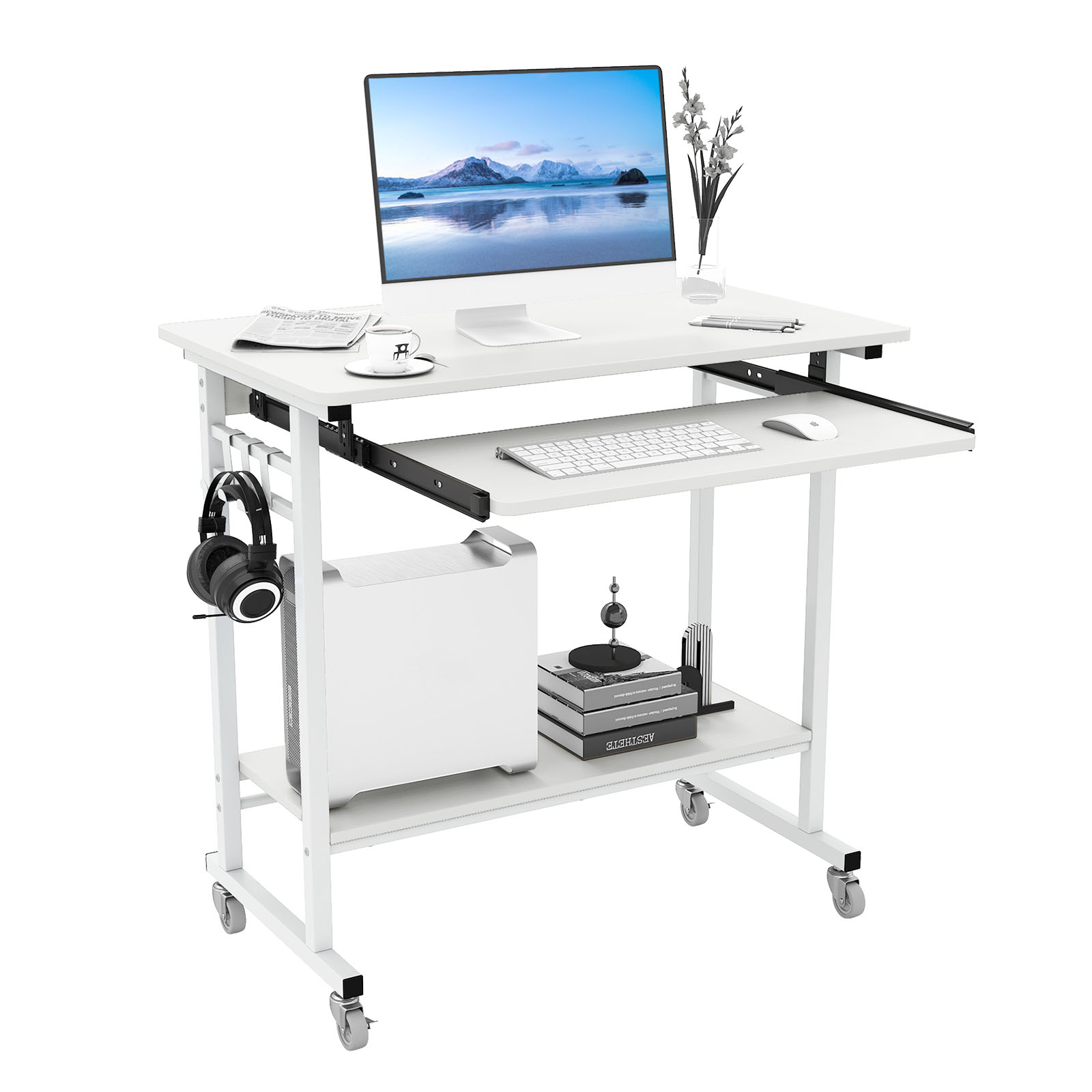 Costway Bureau met Wielen & Toetsenbordlade & Onderblad & Haak Computerbureau Wit