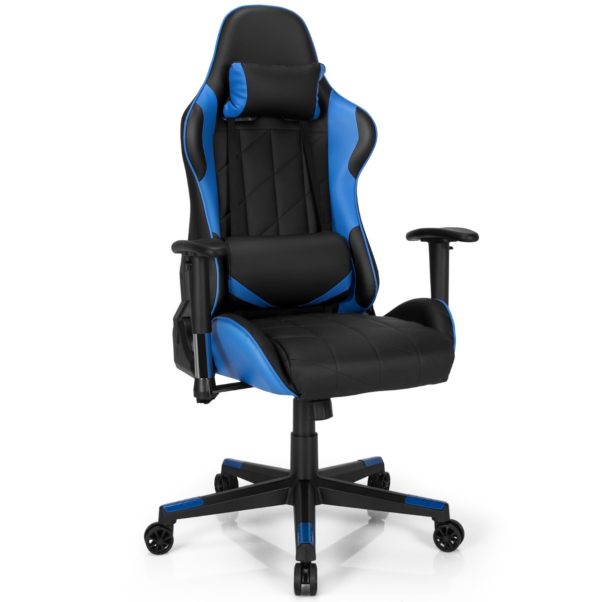 Costway 360˚ Draaibare Gaming Stoel Race Stijl Stoel met Hoofdsteun & Lendenkussen Instelbare Rugleuning Hoek Computer Stoel Blauw+Zwart