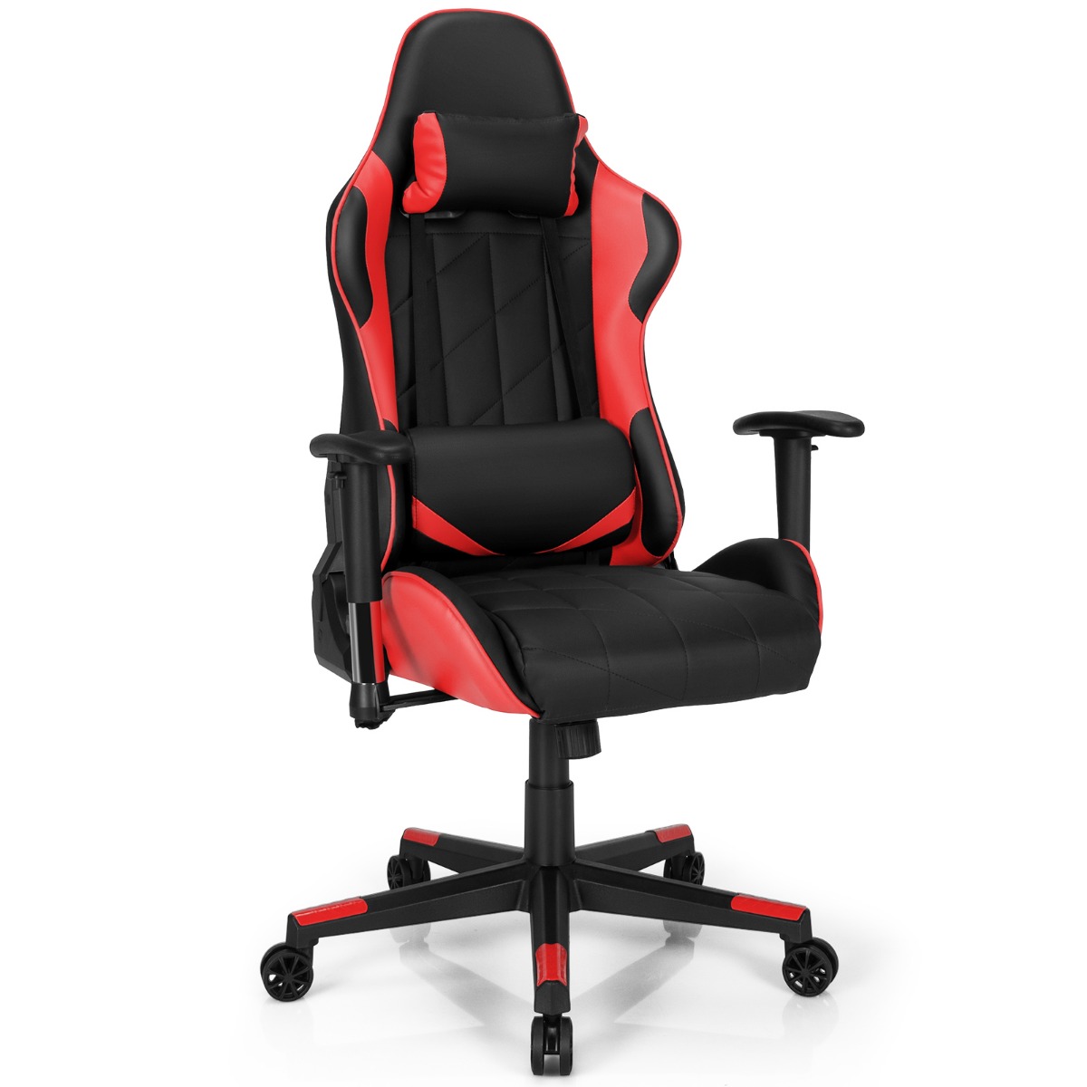 Costway 360˚ Draaibare Gaming Stoel Race Stijl Stoel met Hoofdsteun & Lendenkussen Instelbare Rugleuning Hoek Computer Stoel Rood+Zwart