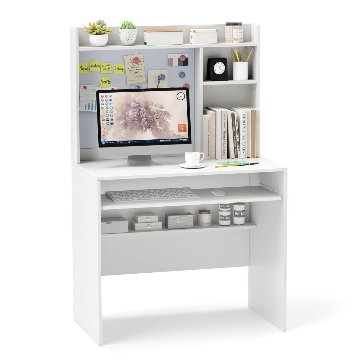 Costway Bureau met Magnetisch Prikbord Kleine Computertafel met Opzetstuk Toetsenbordlade en Verstelbare Plank PC-Tafel voor Thuiskantoor