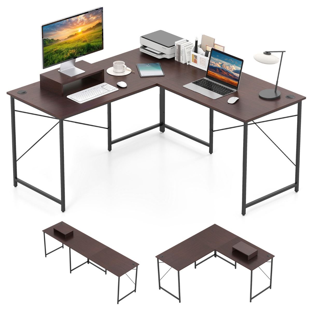 Costway L-vormig Omkeerbaar Hoekbureau Computerbureau Bureau in Bruin