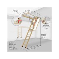 leiterexperten E. Holz Dachbodentreppe mehrteilig mit einem Handlauf für eine maximale lichte Raumhöhe von 2;80m; Deckenöffnung 60 x 120cm - LEITER EXPERTEN