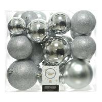 Decoris 26x stuks kunststof kerstballen zilver 6-8-10 cm glans/mat/glitter - Kerstbal