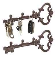 RELAXDAYS 2 x Schlüsselbrett, 3 Haken, dekorative Schlüsselform, Vintage, antik, Gusseisen, HBT 12,5 x 33 x 4,5 cm, braun