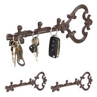 RELAXDAYS 3 x Schlüsselbrett, 3 Haken, dekorative Schlüsselform, Vintage, antik, Gusseisen, HBT 12,5 x 33 x 4,5 cm, braun