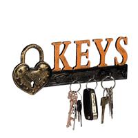 RELAXDAYS Schlüsselbrett, 5 Haken, Vorhängeschloss & Keys-Schriftzug, Gusseisen, Vintage, HBT 10x26x3 cm, orange/schwarz