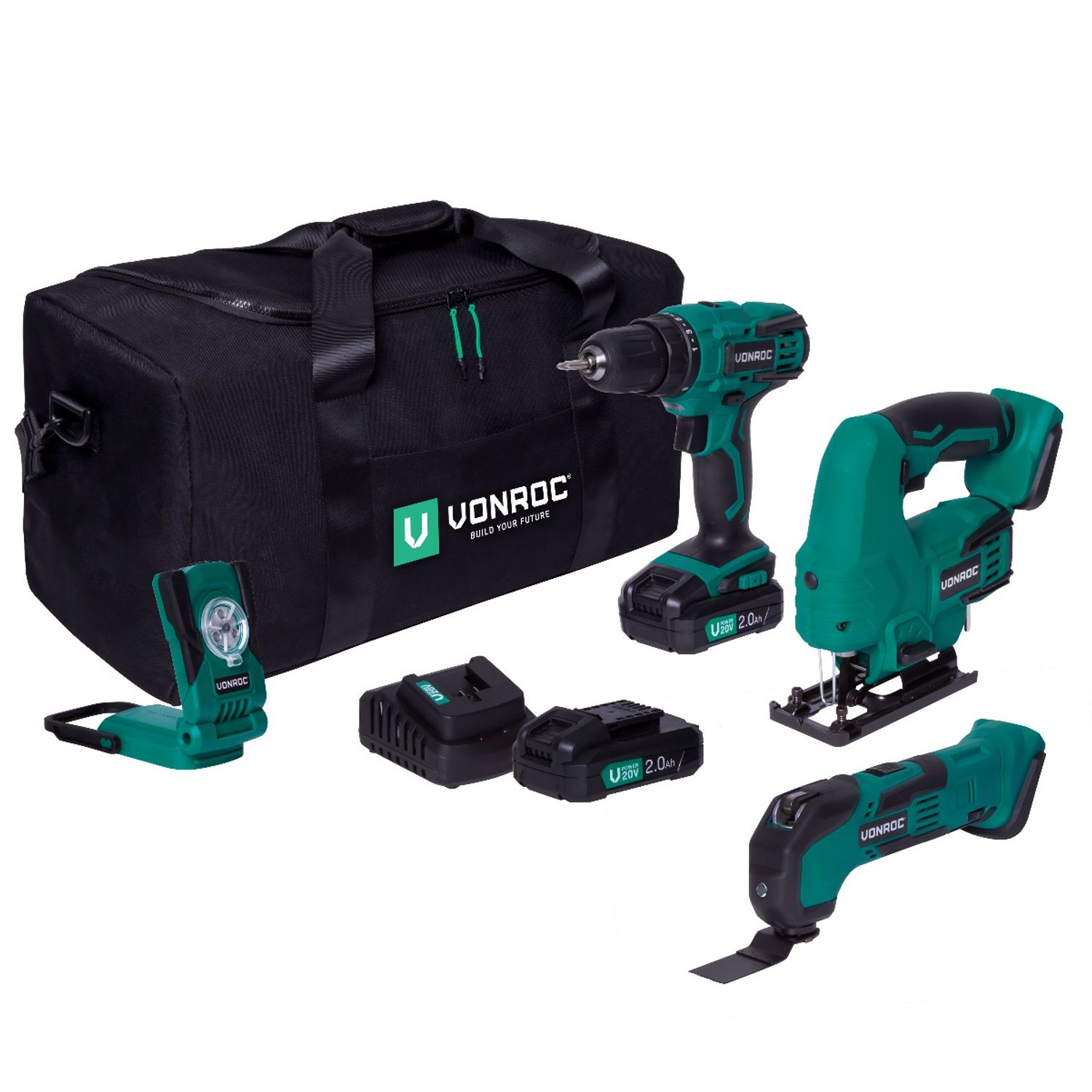 Vonroc Gereedschap Set Vpower 20v – 2x 2.0ah Accu En Een Sneloplader