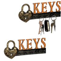 RELAXDAYS 2 x Schlüsselbrett, 5 Haken, Vorhängeschloss & Keys-Schriftzug, Gusseisen, Vintage, HBT: 10 x 26 x 3 cm, orange/schwarz