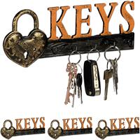 RELAXDAYS 4 x Schlüsselbrett, 5 Haken, Vorhängeschloss & Keys-Schriftzug, Gusseisen, Vintage, HBT: 10 x 26 x 3 cm, orange/schwarz