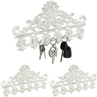 RELAXDAYS 3 x Garderobenleiste Gusseisen, 5 Haken, antike Hakenleiste, für Schlüssel, Shabby, HBT: 17 x 35 x 3,5 cm, weiß/braun