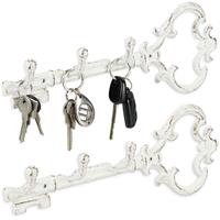 RELAXDAYS 2 x Schlüsselbrett, 3 Haken, dekorative Schlüsselform, Gusseisen, Vintage, Shabby, HxBxT: 12,5 x 33 x 4,5 cm, weiß