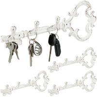 RELAXDAYS 4 x Schlüsselbrett, 3 Haken, dekorative Schlüsselform, Gusseisen, Vintage, Shabby, HxBxT: 12,5 x 33 x 4,5 cm, weiß