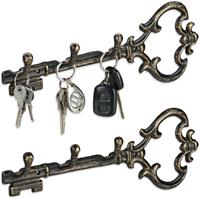 RELAXDAYS 2 x Schlüsselbrett, 3 Haken, dekorative Schlüsselform, Gusseisen, Vintage, Shabby, HBT: 12,5 x 33 x 4,5 cm, schwarz-gold
