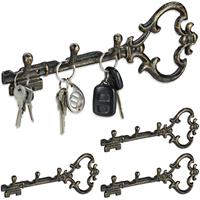 RELAXDAYS 4 x Schlüsselbrett, 3 Haken, dekorative Schlüsselform, Gusseisen, Vintage, Shabby, HBT: 12,5 x 33 x 4,5 cm, schwarz-gold