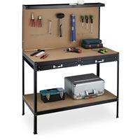 RELAXDAYS Werkbank, Arbeitstisch mit 2 Schubladen & Lochwand, Werkstatttisch, HBT 155 x 120 x 60 cm, Stahl, MDF, schwarz