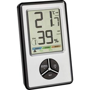 TFA-Dostmann 30.5045.54. Kleur van het product: Zwart, Zilver, Meetfuncties: Binnenhygrometer, Binnenthermometer, Meetfuncties trend display: Hygrometer, Thermometer. Stroombron: Batterij/Accu, Type b