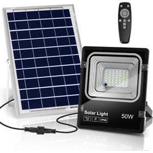 BES LED LED Floodlight op Zonne-energie - LED Schijnwerper - Aigi Solina - LED Solar Tuinverlichting Wandlamp - Afstandsbediening - Waterdicht IP66 - 50W - Helder/Koud Wit 6500K