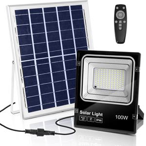 BES LED LED Floodlight op Zonne-energie - LED Schijnwerper - Aigi Solina - LED Solar Tuinverlichting Wandlamp - Afstandsbediening - Waterdicht IP66 - 100W - Helder/Koud Wit 6500K
