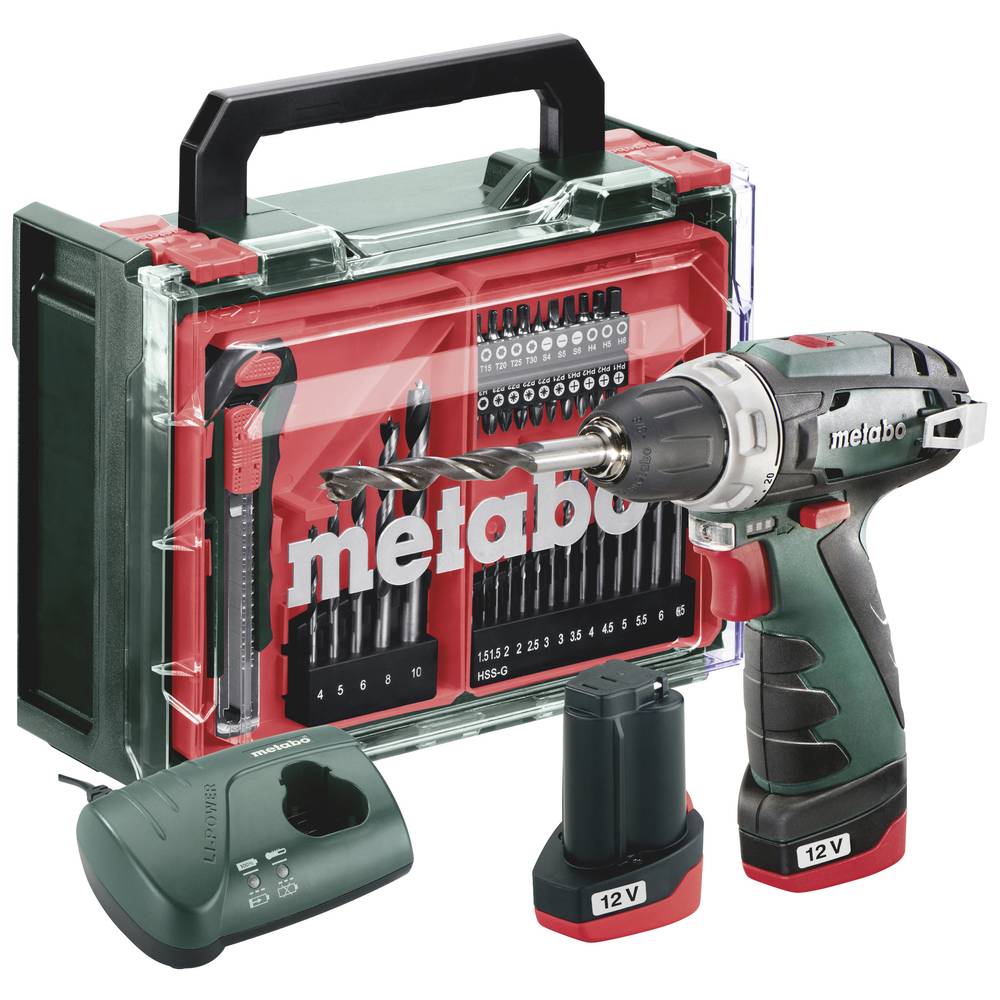 Metabo PowerMaxx BS Basic Set 600080710 Accu-schroefboormachine 12 V 2 Ah Li-ion Incl. 2 accus, Incl. lader, Brushless, Incl. koffer, Incl. accessoires