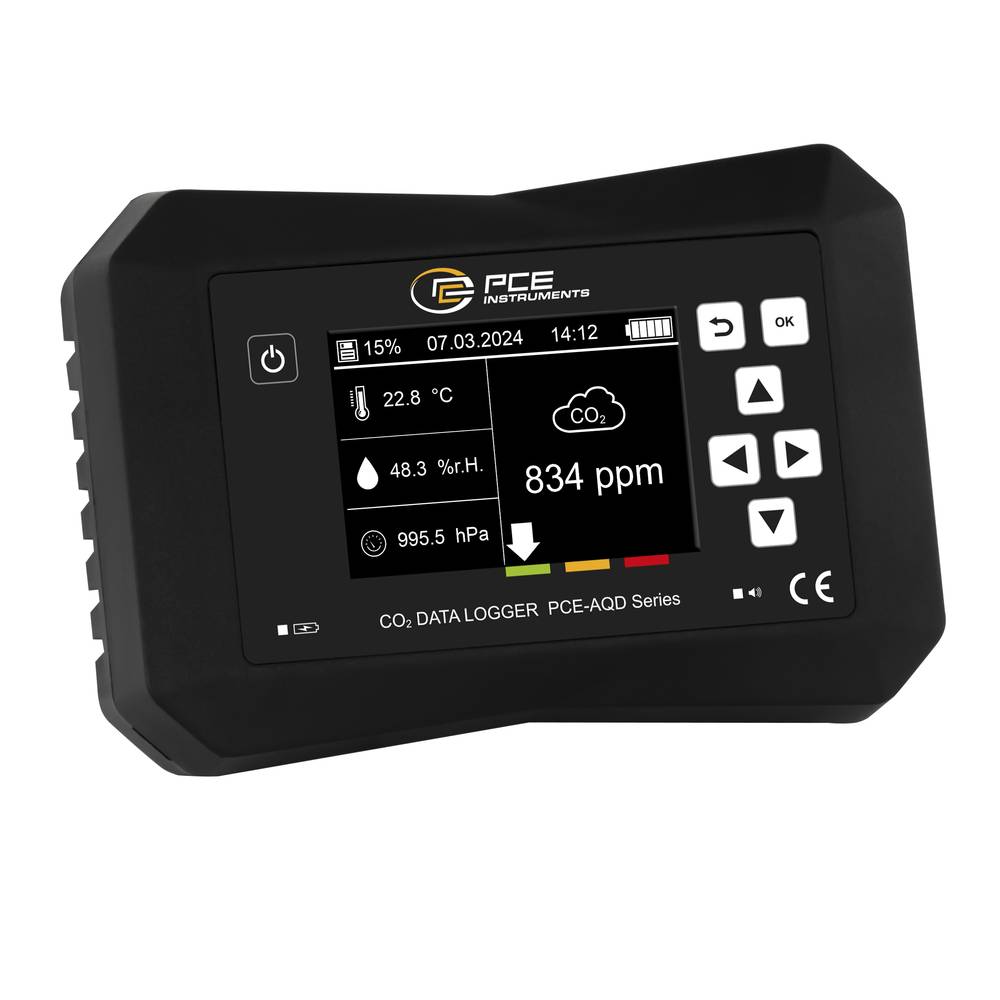 PCE Instruments PCE-AQD 50A Kooldioxidemeter 0 - 40000 ppm Met temperatuurmeting, Met datalogger, Zuurstofmeter, Wandmontage Kalibratie Fabrieksstandaard