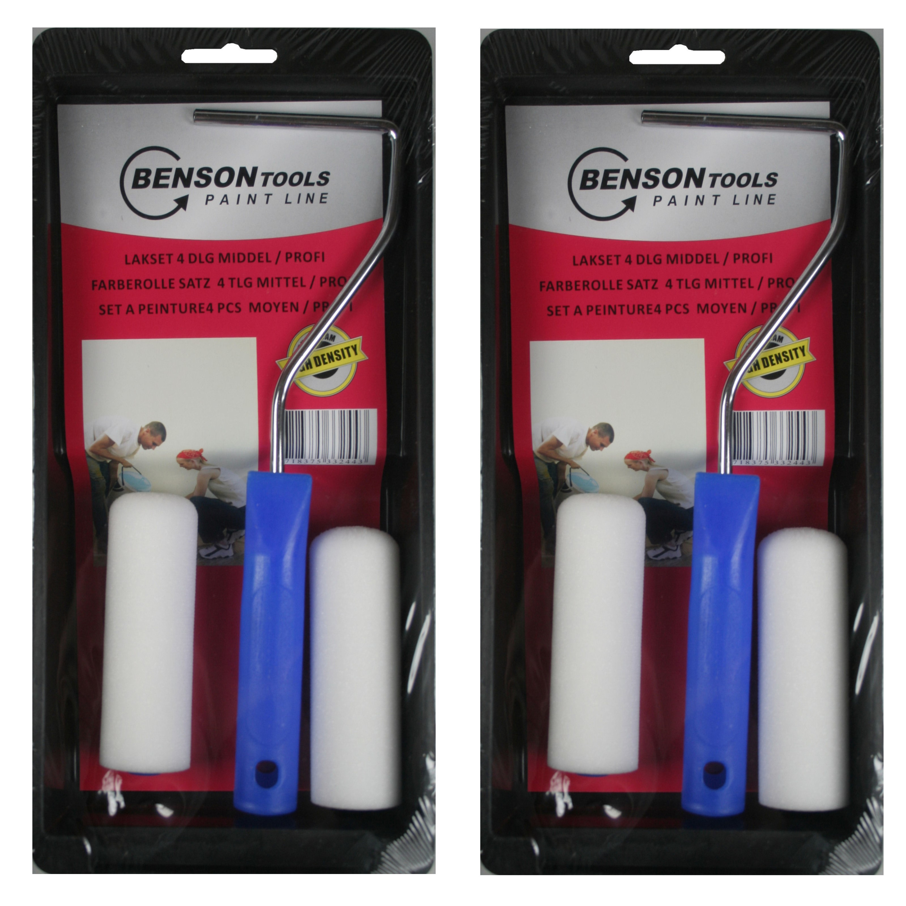 Benson 3x stuks lakroller/schuimroller schildersets 10 cm met verfbak en beugel -