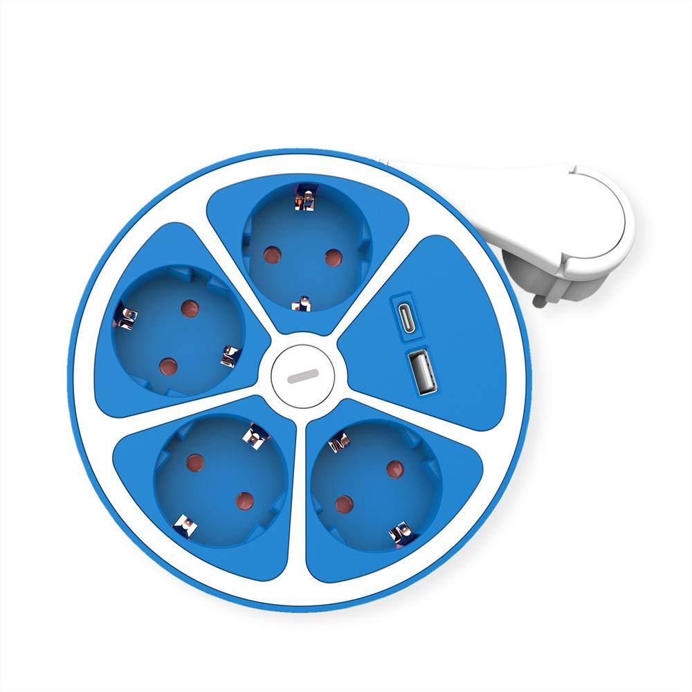 Roline 4-voudige stekkerdoos met schakelaar, rond, , USB-oplader A+C, blauw, 3 m