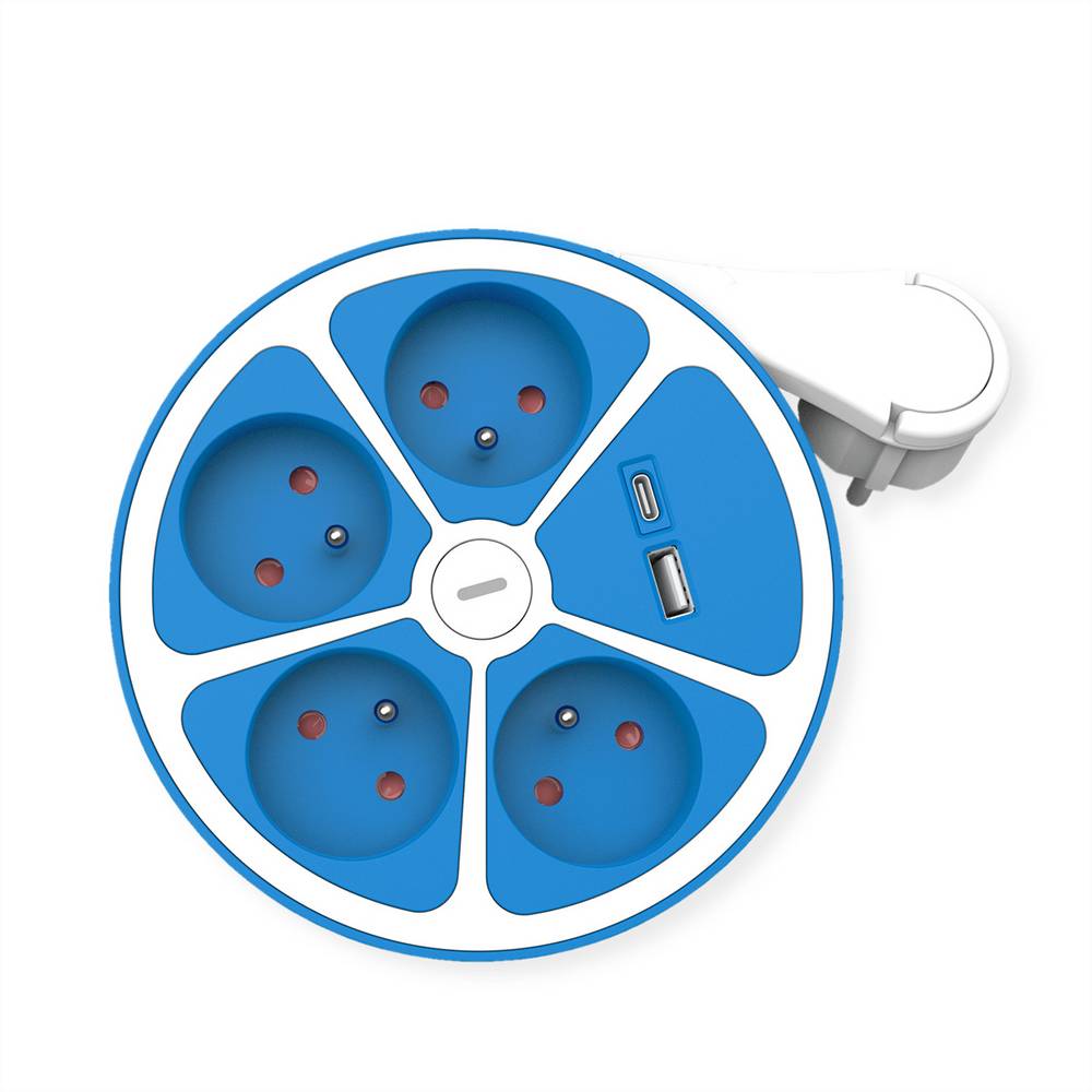 Roline 4-voudige stekkerdoos met schakelaar, rond, UTE-uitvoering, USB oplader A+C, blauw, 1,5 m