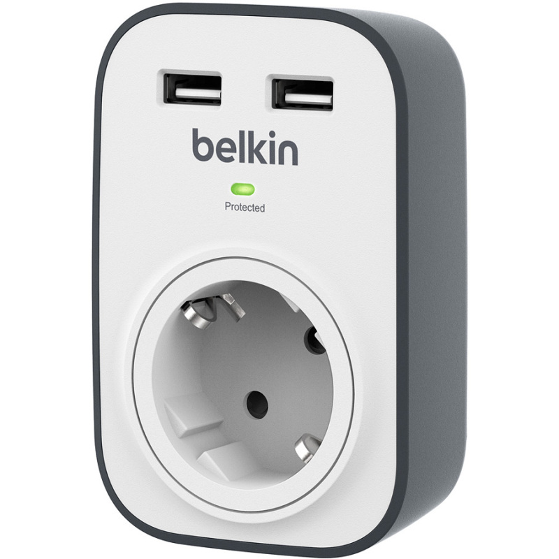 Belkin BSV103 SurgeCube-spanningsbeveiliger met 1 stopcontact en 2 USB-poorten Stekkerdoos