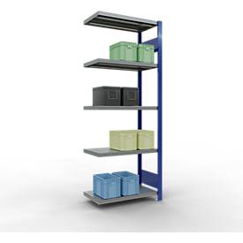 Schulte Lagertechnik MULTIplus 250 boutloos rekkensysteem, boutloze aanbouwstelling, lengte bout, 2000x750x400 mm, 5 legborden, gentiaanblauw/verzinkt