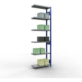 Schulte Lagertechnik MULTIplus 250 boutloos rekkensysteem, boutloze aanbouwstelling, lengte bout, 2500x750x300 mm, 6 legborden, gentiaanblauw/verzinkt
