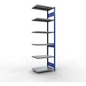 Schulte Lagertechnik MULTIplus 250 boutloos rekkensysteem, boutloze aanbouwstelling, lengte bout, 2500x750x500 mm, 6 legborden, gentiaanblauw/verzinkt