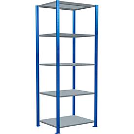 Schulte Lagertechnik boutloos rekkensysteem MultiPlus250, basisrek, 5 legborden, dwarsverbindingen, B 750 x D 600 x H 2000 mm, gentiaanblauw RAL 5010