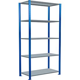 Schulte Lagertechnik MULTIplus250 rekkensysteem zonder bouten, basisrek, B 1000 x D 500 x H 2000 mm, 5 legborden, dwarsverbindingen, tot 1300 kg, gentiaanblauw