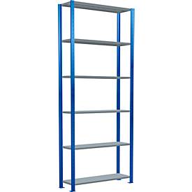 Schulte Lagertechnik boutloos rekkensysteem MultiPlus250, basisrek, 6 legborden, dwarsverbindingen, B 1000 x D 300 x H 2500 mm, gentiaanblauw RAL 5010