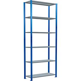 Schulte Lagertechnik boutloos rekkensysteem MultiPlus250, basisrek, 6 legborden, dwarsverbindingen, B 1000 x D 400 x H 2500 mm, gentiaanblauw RAL 5010