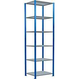 Schulte Lagertechnik boutloos rekkensysteem MultiPlus250, basisrek, 6 legborden, dwarsverbindingen, B 750 x D 600 x H 2500 mm, gentiaanblauw RAL 5010