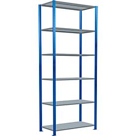 Schulte Lagertechnik MULTIplus250 rekkensysteem zonder bouten, basisrek, B 1000 x D 500 x H 2500 mm, 6 legborden, dwarsverbindingen, tot 1700 kg, gentiaanblauw