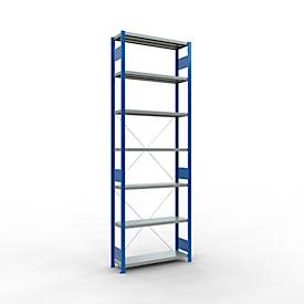 Schulte Lagertechnik boutloos rekkensysteem MultiPlus250, basisrek, 7 legborden, dwarsverbindingen, B 1000 x D 300 x H 3000 mm, gentiaanblauw RAL 5010