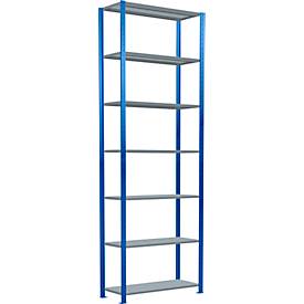 Schulte Lagertechnik boutloos rekkensysteem MultiPlus250, basisrek, 7 legborden, dwarsverbindingen, B 1000 x D 400 x H 3000 mm, gentiaanblauw RAL 5010