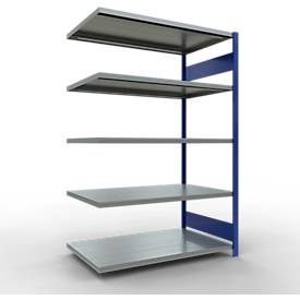 Schulte Lagertechnik MULTIplus 250 boutloos rekkensysteem, boutloos aanbouwvak, lengte grendel, 2000x1300x800 mm, 5 legborden, gentiaanblauw/verzinkt