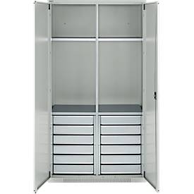 Schäfer Shop Genius materiaalkast FS, 5 OH, afsluitbaar, 4 legborden/12 laden, tot 450 kg, B 1055 x D 520 x H 1950 mm, staal, lichtgrijs/lichtgrijs