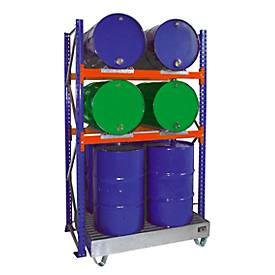 Bauer 3010 vatenrek, plaatstaal, basisrek, opvangbak met rooster 200 l, 2 niveaus, B 1510 x D 800 x H 2500 mm