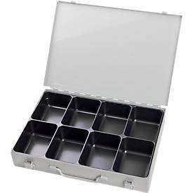 ADB Assortimentkoffer , leeg, 8 vakken, afsluitbaar, met handvat, B 330 x D 230 x H 50 mm, staal & ABS kunststof, lichtgrijs RAL 7035