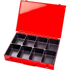ADB Assortimentkoffer , leeg, 8 vakken, afsluitbaar, met handvat, B 330 x D 230 x H 50 mm, staal & ABS kunststof, verkeersrood RAL 3020