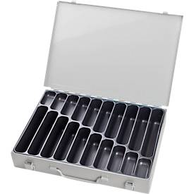 ADB Assortimentkoffer , leeg, 20 vakken, afsluitbaar, met handvat, B 330 x D 230 x H 50 mm, staal & ABS kunststof, lichtgrijs RAL 7035